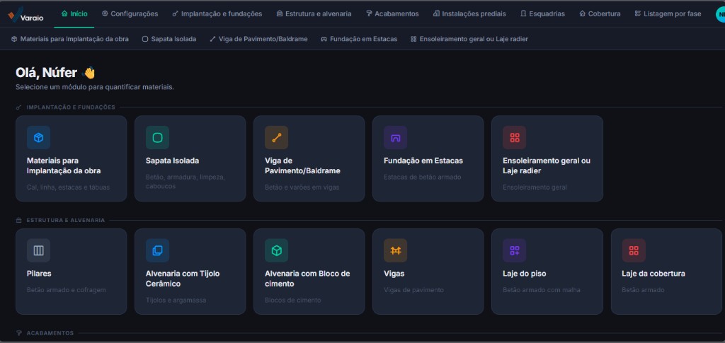 Varaio dashboard - quantification modules (dark theme)